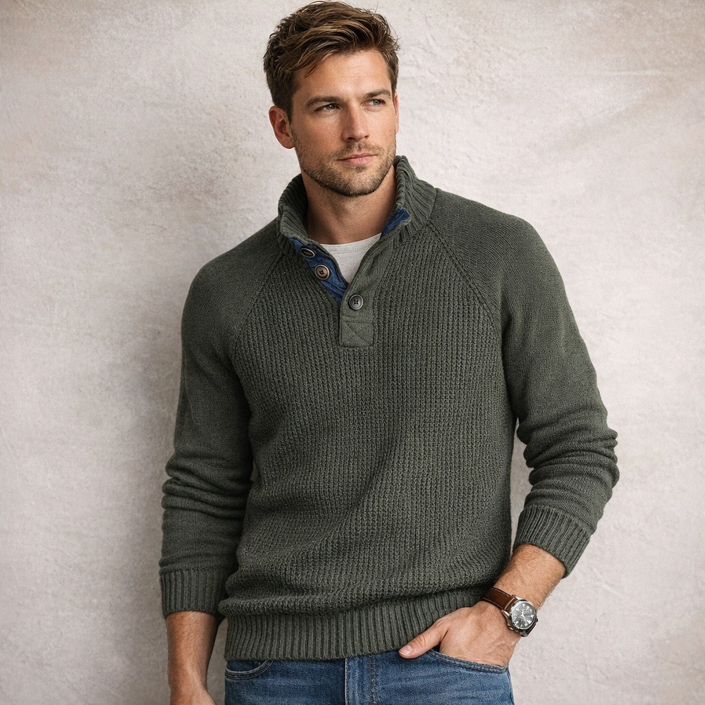 Weatherproof Vintage Sweater Mens Sz M Green Henley Mock Neck Cotton